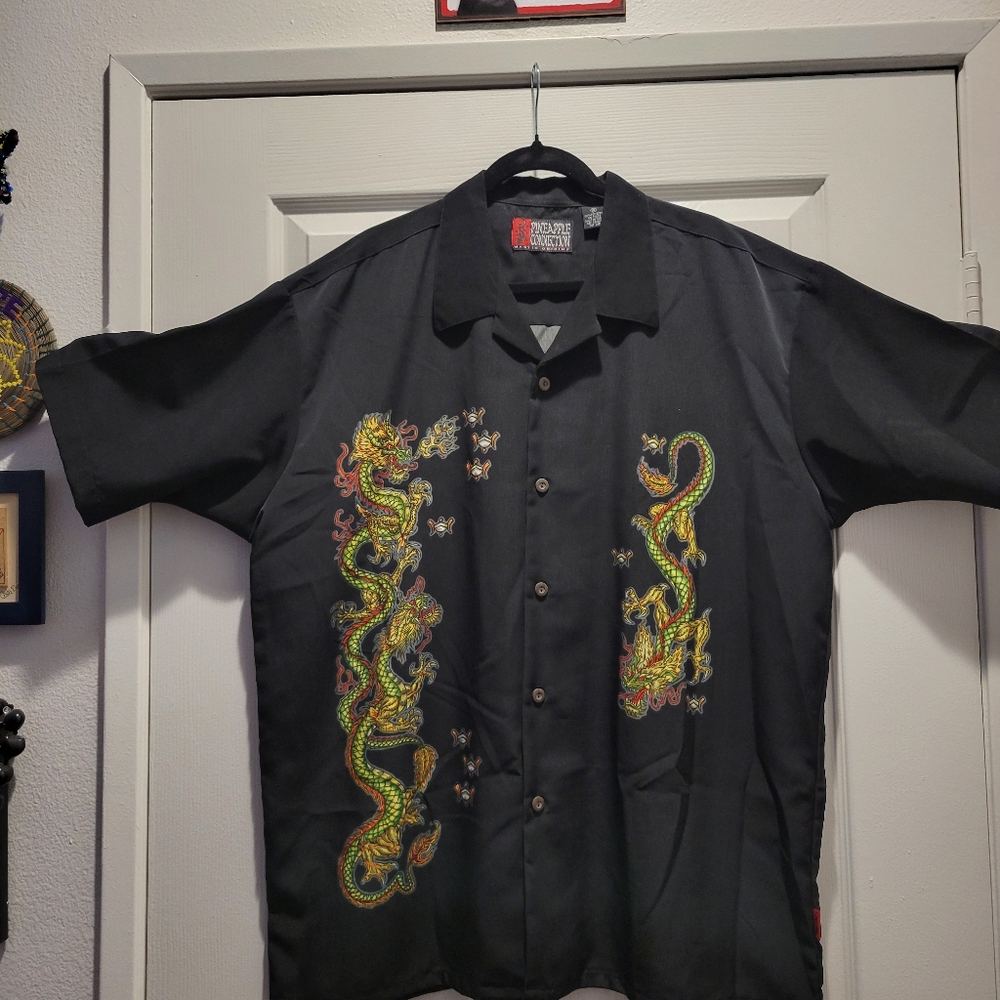 Men's Black Dragon Print Casual Button Down Shirt